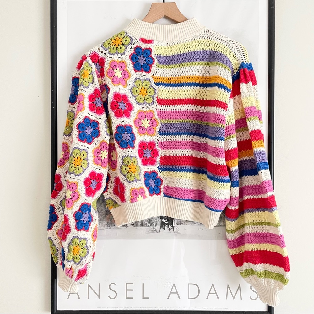 FARM Rio Rainbow Handmade Crochet Sweater Multicolor Mock Neck Women's Large NWT - Picture 8 of 16